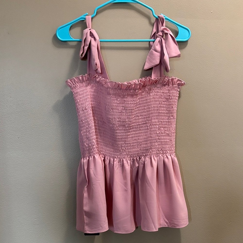 Chic Pink Smocked Tank Top with Tie Straps